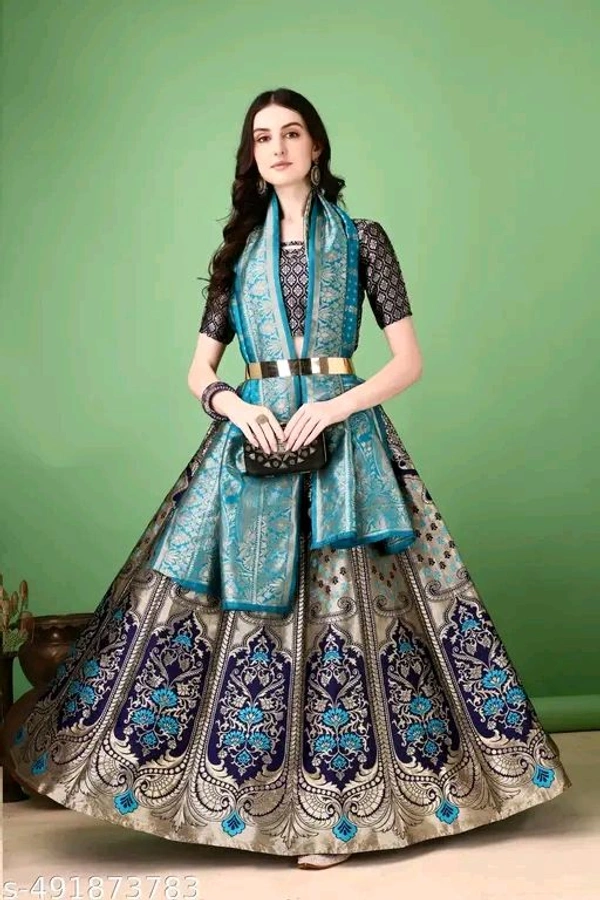Navy Blue and Turquoise Banarasi Silk Work Lehnega Choli with Dupatta For Marriage,Holi,Navaratri,Engagement Parties or Bridal Showers,Anniversaries, Birthday,Reception,Sangeet or Mehendi