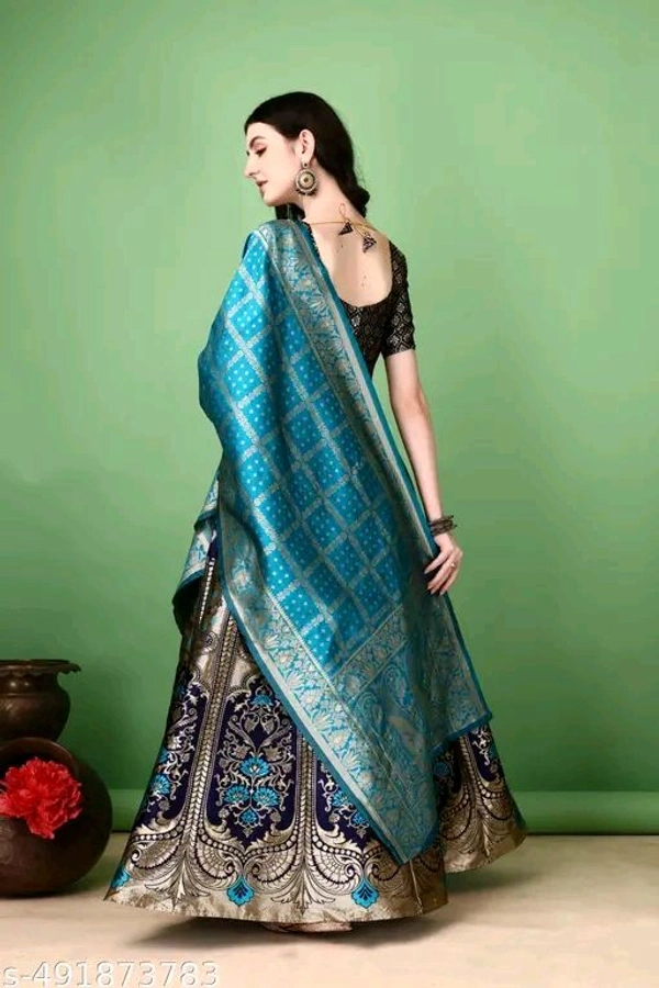Navy Blue and Turquoise Banarasi Silk Work Lehnega Choli with Dupatta For Marriage,Holi,Navaratri,Engagement Parties or Bridal Showers,Anniversaries, Birthday,Reception,Sangeet or Mehendi