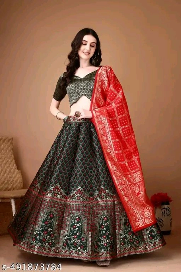 Green and Red Banarasi Silk Work Lehnega Choli with Dupatta For Marriage,Holi,Navaratri,Engagement Parties or Bridal Showers,Anniversaries, Birthday,Reception,Sangeet or Mehendi