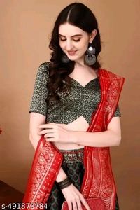 Green and Red Banarasi Silk Work Lehnega Choli with Dupatta For Marriage,Holi,Navaratri,Engagement Parties or Bridal Showers,Anniversaries, Birthday,Reception,Sangeet or Mehendi