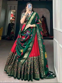 Women's Floral & Patola Print With Foil Work Tussar Silk Ethnic wear