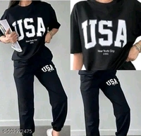 Womens Round Neck Half Sleeve Printed Women Top & Bottom Sets - L
