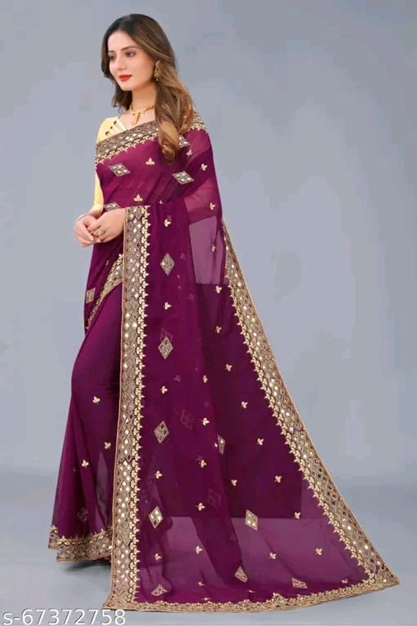 Durga Puja Georgette Purple Mirror Work Saree with Blouse