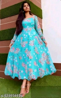 sky blue colour printed georgette dress - Xxl