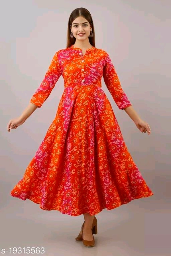 Women Rayon Flared Printed Orange Kurti - S
