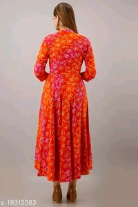 Women Rayon Flared Printed Orange Kurti - S