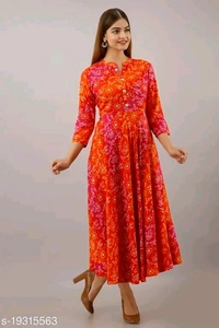 Women Rayon Flared Printed Orange Kurti - Xl