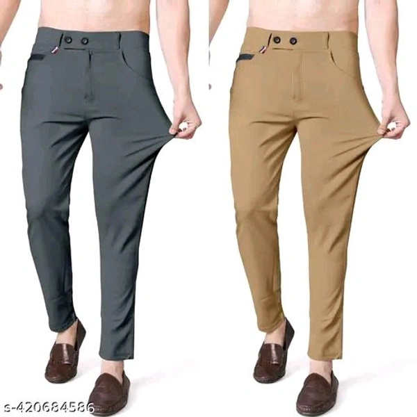 Grey and Khaki Color Stretchable Back Pocket Tapered Fit Stylish Mens Casual Pants - Latest, Light Weight, and Night Wear. Pack of 2 - 30