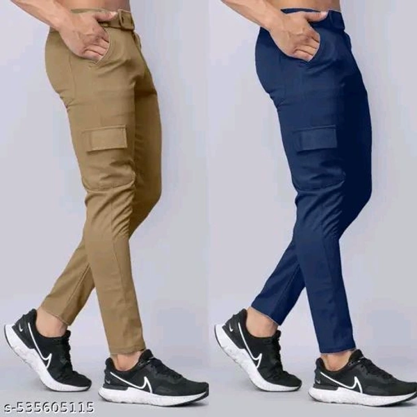 Khakhi  and Dark Blue Regular Fit Polyester Long Length Mens cargo Durable trousers with 2 Side pocket with flap – A Skin Friendly & Best for Indoor, Outdoor, Walking & Traveling, at work with 2 Button Closure Pack of 2 - 36