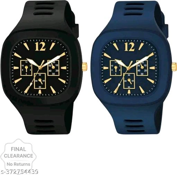 New Watch Combo Of Black and Blue Square Dial with Silicone Strap Watch