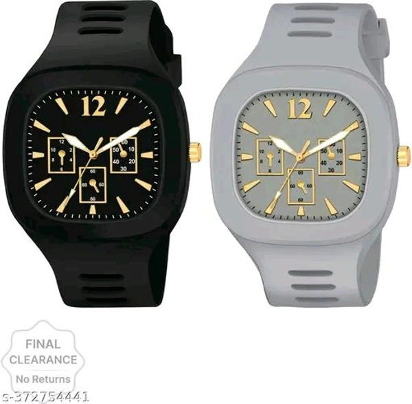 Watch Combo Of Black and Grey Square Dial with Silicone Strap Watch