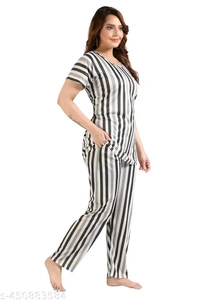 Trending striped printed round neck  top and pajama set,nightsuit set for womens and girls - M