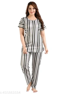 Trending striped printed round neck  top and pajama set,nightsuit set for womens and girls - M