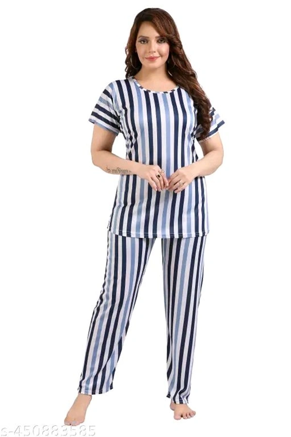 Trending striped printed round neck  top and pajama set,nightsuit set for womens and girls - L