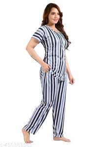 Trending striped printed round neck  top and pajama set,nightsuit set for womens and girls - L