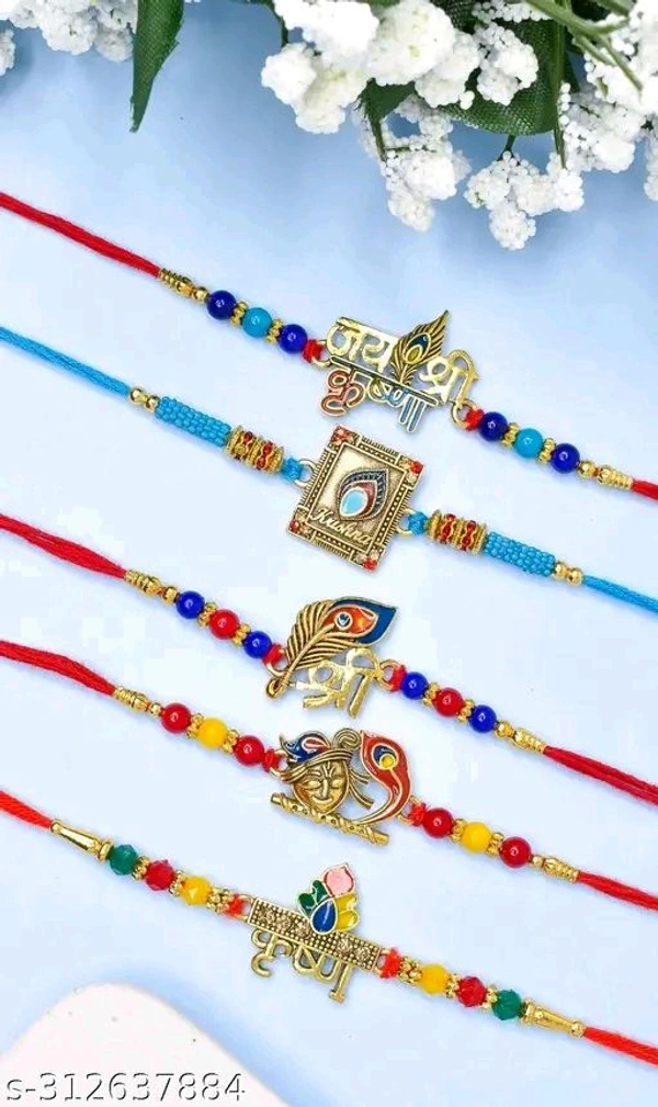 Krishna Design Bracelate Combo Set of 5 Rakhi with Roli Chawal n Gift Card Rakhi for Brother / Rakhi for Kids