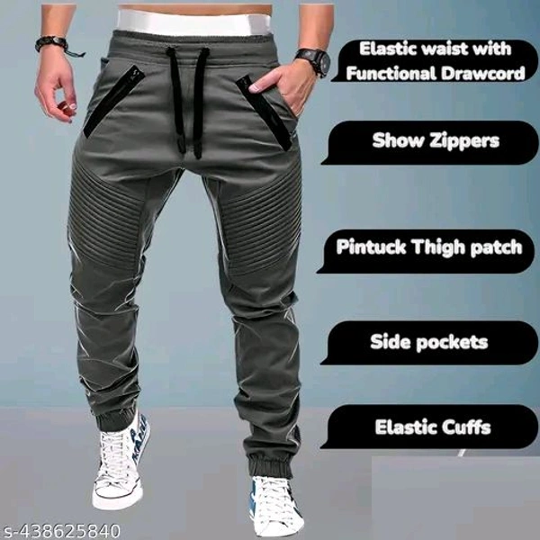 Men's Trendy Cotton Joggers | Stylish Track Pants with Pintuck Details and Show Zippers | Unique Casual Trousers/Lowers with Elastic Waist and Cuffs | New Fashion Bottoms - L