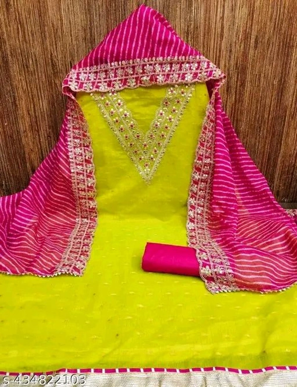 Bliss Flair White chanderi Silk Gota Patti Embroidered Dress Material suit for women With Heavy Neck And Lace (Unstitched)pakistani suit