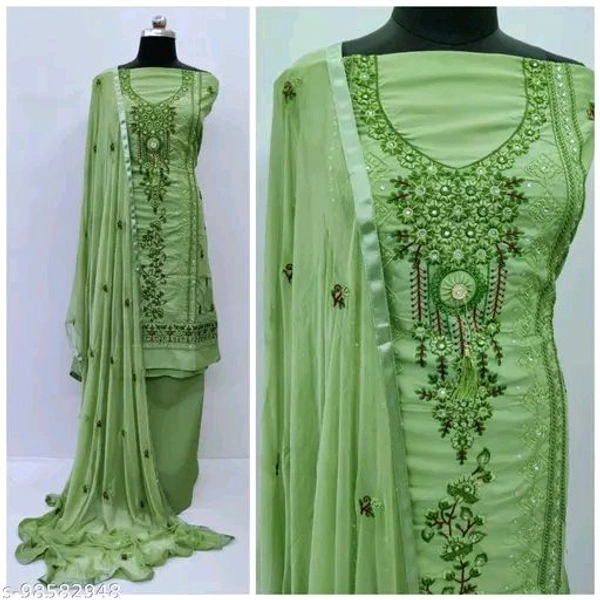 Women's Green Floral Embroidered Cotton Suits & Dress Mateial 