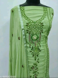 Women's Green Floral Embroidered Cotton Suits & Dress Mateial 