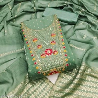 Bliss Flair Green Heavy Cotton Silk Embroidered Dress Material suit for women With Heavy Neck And Lace (Unstitched)pakistani suit