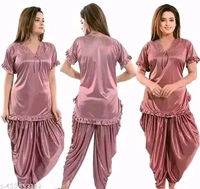 PUSHBELA  2 pice stylish nighty made from breathable satin fabric  this nightwear set offers a luxurious feel against the skin ( Peach ) - M