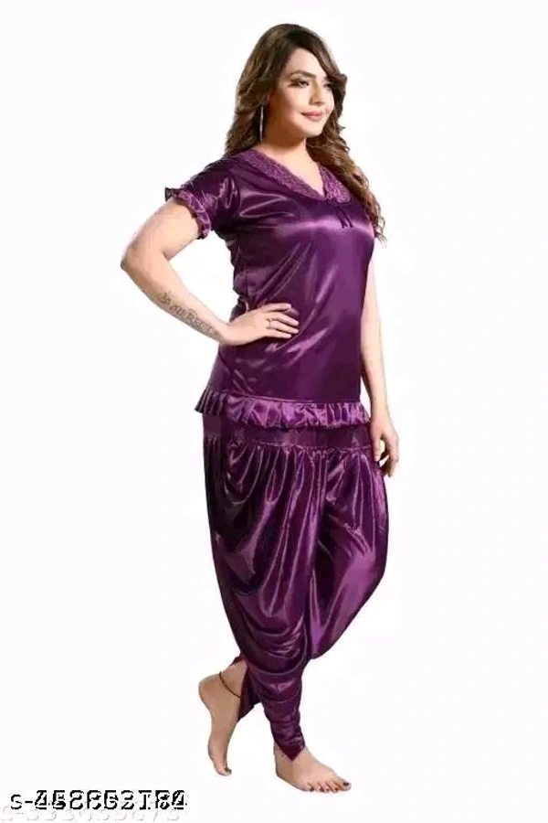 PUSHBELA  2 pice stylish nighty made from breathable satin fabric  this nightwear set offers a luxurious feel against the skin ( Purple ) - M
