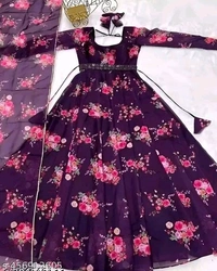 Georgette Long Kurti With Dupatta (No Bottomwear) | Flower Print Kurti | Long Kurti with Dupatta | No Bottomwear Kurti | Floral Design Kurti | Stylish Kurti | Trendy Women's Kurti | Casual Kurti with Dupatta | Festive Wear Kurti | Gown for Women | Georgette Long Gown - L
