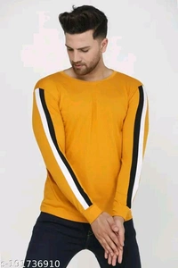 Men Tshirts" Partywear Cotton Blend Mens Round Neck Full Sleeve Colorblock T-Shirt - L