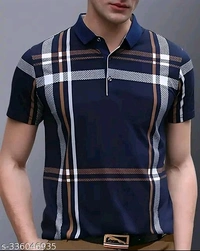 GESPO Men's Checked Polo Navy Blue Tshirts - M