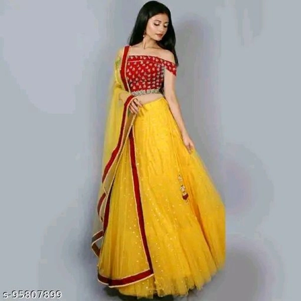 Latest New Heavy Embroidery Work Yellow Colour Net Lehenga With Heavy Work Blouse*