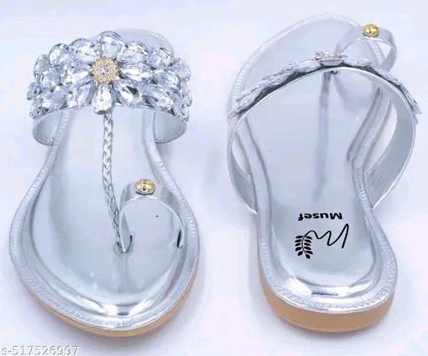 Musef Stunning Silver Women Flat Sandals | Chic & Comfortable Handmade Party Wear - 9