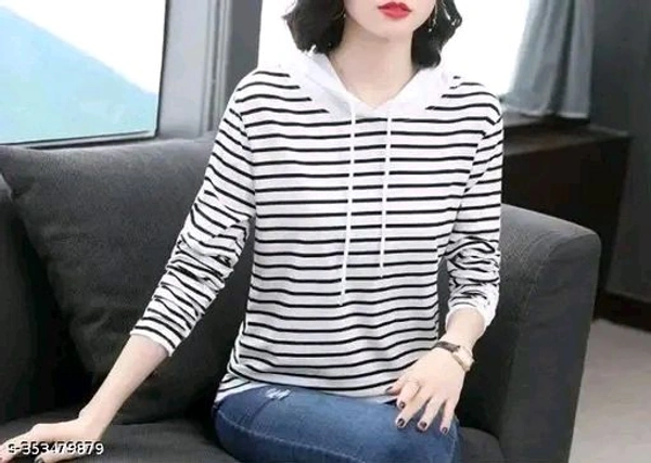 Stylish Striper Full Sleeve Hood Neck  Women T-shirt - Xl