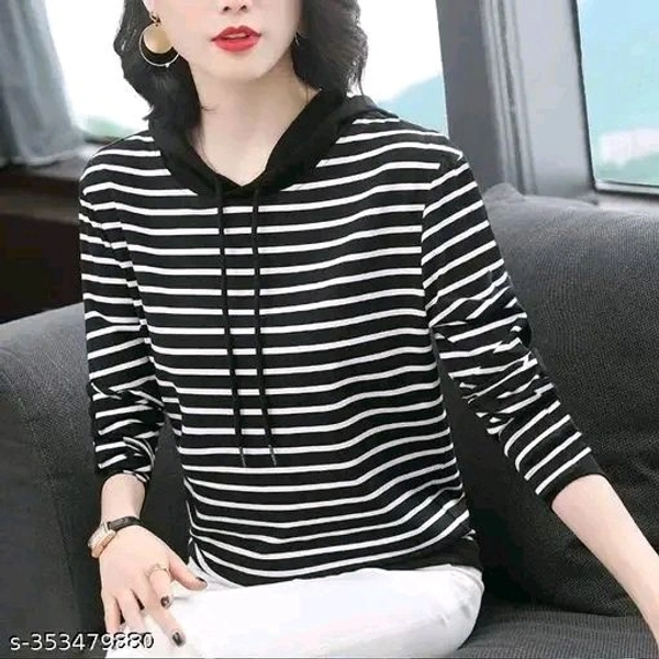 Stylish Striper Full Sleeve Hood Neck  Women T-shirt - S