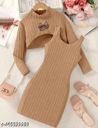 Stylish Light Brown Full Sleeve Frock For Girls With Short Western Dress for Girls - 3-4