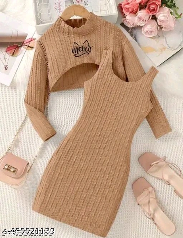 Stylish Light Brown Full Sleeve Frock For Girls With Short Western Dress for Girls - 3-4