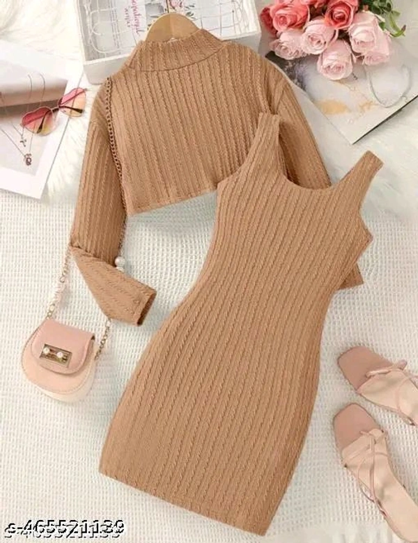 Stylish Light Brown Full Sleeve Frock For Girls With Short Western Dress for Girls - 5-6