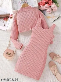 Attractive Peach Girls Long Sleeve Crop Top With Short Tank Dress For Kids - 4-5