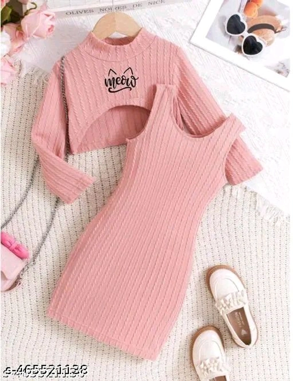 Attractive Peach Girls Long Sleeve Crop Top With Short Tank Dress For Kids - 5-6