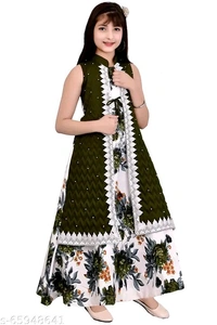 Girls Green Cotton Blend Ethnic Gowns Pack Of 1 - 11-12