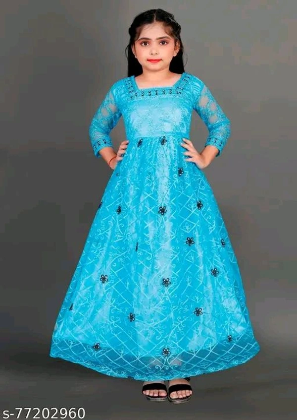 Apnisha Girls Net Embroidered Gown Dress (Sky)-New - 5-6 Years