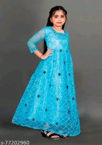 Apnisha Girls Net Embroidered Gown Dress (Sky)-New - 5-6 Years