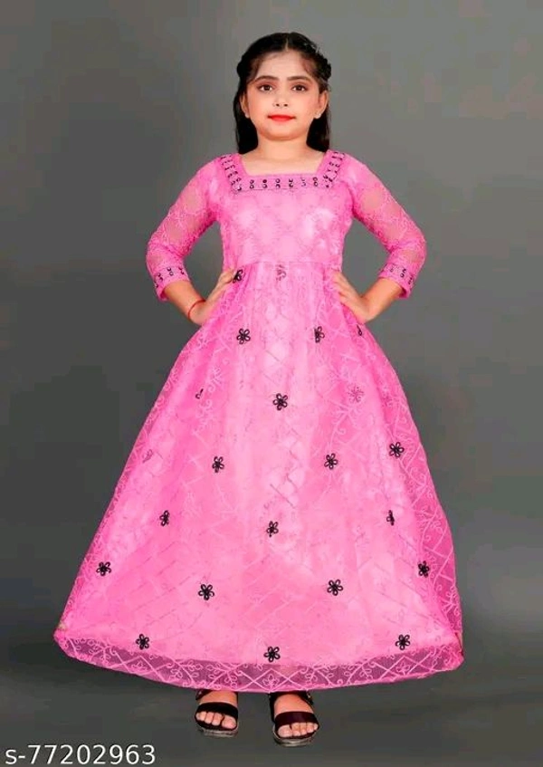 Apnisha Girls Net Embroidered Gown Dress (Pink)-New - 4-5