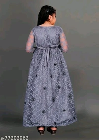 Apnisha Girls Net Embroidered Gown Dress (Grey)-New - 7-8