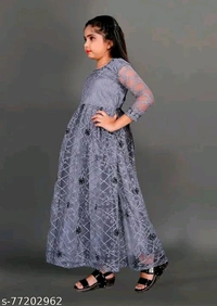 Apnisha Girls Net Embroidered Gown Dress (Grey)-New - 10-11