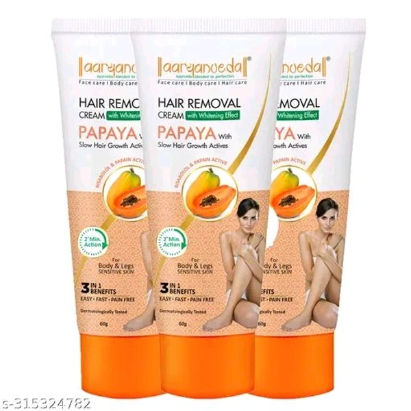 Aaryanveda Papaya Hair Removal Cream | 2-Minute Action, Whitening Effect, Active Smooth Formula, Painless & Gentle Hair Remover for Men & Women 180 gm (Pack of 3)