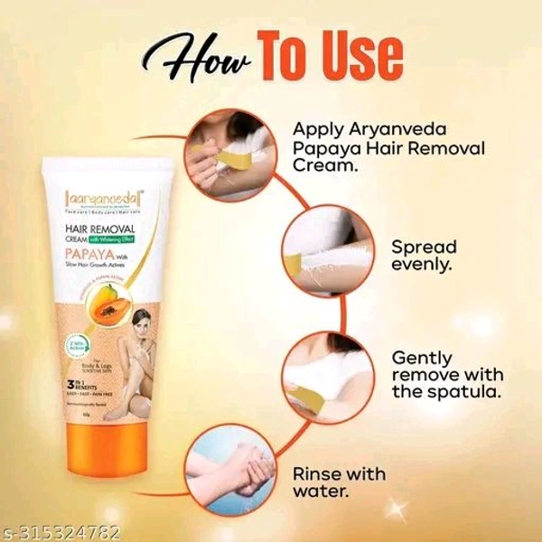Aaryanveda Papaya Hair Removal Cream | 2-Minute Action, Whitening Effect, Active Smooth Formula, Painless & Gentle Hair Remover for Men & Women 180 gm (Pack of 3)