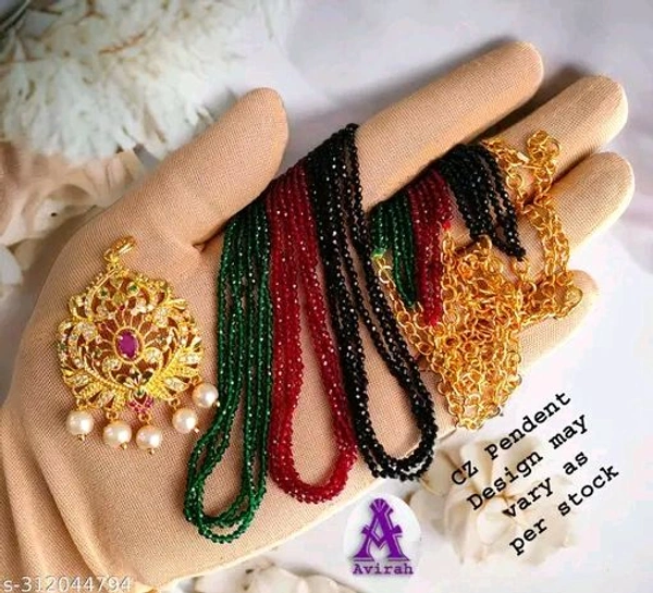Women Necklaces Trendy Avirah Designer 02mm Hydro Green,Maroon & Black Crystal 03 Lines with 01 CZ Pendent for women's and girls