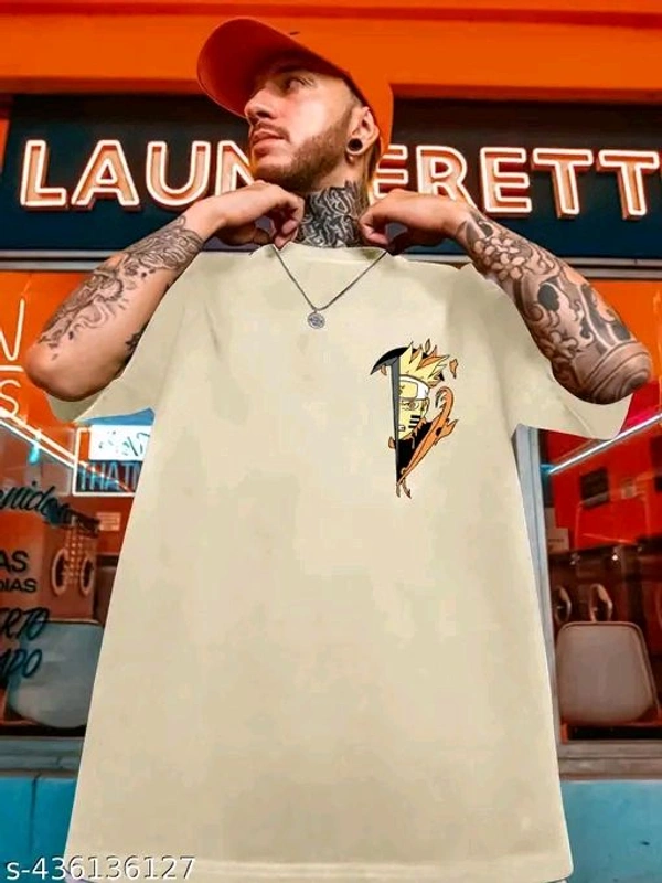 Maniac Men's Typography Oversize Round Beige Tshirts - S