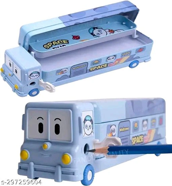 Pencil Box (Blue) Cartoon Printed School Bus Metal Double Decker Bus Shape Pencil Box for Kids with Moving Tyres & 3 Compartments Sharpener Geometry Case for Boys and Girls (Blue Bus)